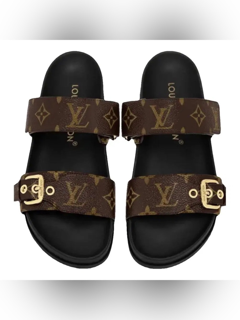 Louis Vuitton Brown Monogram Double-Strap Slides with Gold Hardware